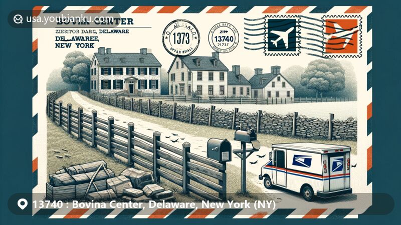 Modern illustration of Bovina Center, Delaware County, New York, depicting the historic district with 18th-century stone fences, presented in an air mail envelope design featuring postage elements and ZIP code 13740.