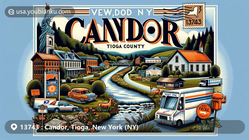 Modern illustration of Candor, Tioga County, NY, displaying rural charm and natural beauty with a hint of Catatonk Creek, featuring postal theme with ZIP code 13743 and American postal elements.