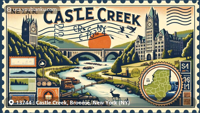 Modern illustration of Castle Creek, Broome, New York (NY), featuring natural beauty and postal theme with ZIP code 13744, showcasing Castle Creek Civic Association Park, Stone Arch Bridge, local wildlife symbols, and vibrant colors.