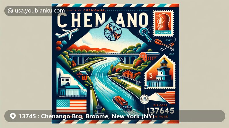 Modern illustration of Chenango Bridge, Broome County, New York, featuring postal theme with ZIP code 13745, showcasing Chenango River, Chenango Canal Prism, and Lock 107, integrating New York state and Broome County silhouettes.