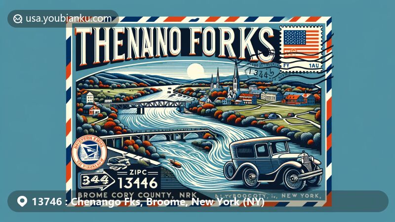 Modern illustration of Chenango Forks, Broome County, New York, highlighting postal theme with ZIP code 13746, featuring Chenango and Tioughnioga rivers confluence, New York state flag, Broome County outline, postage stamp, postmark, and vintage mail car.