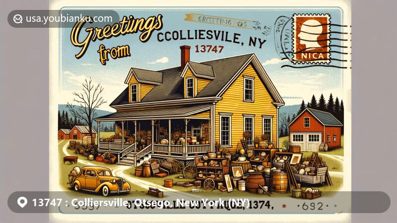 Modern illustration of Colliersville, Otsego County, New York, featuring vintage postcard design highlighting Colliersville Cottage Antiques, rural charm, and antique trail, with classic 'Greetings from Colliersville, NY 13747' text.