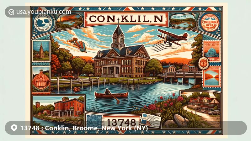 Modern illustration of Conklin, Broome County, New York, featuring iconic Town Hall and the Susquehanna River, with vintage postal design elements highlighting ZIP code 13748.