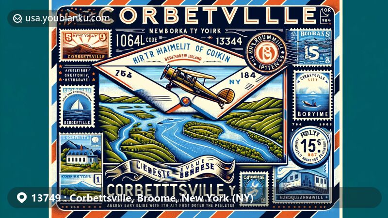 Modern illustration of Corbettsville, New York, showcasing airmail envelope with a postal theme, featuring ZIP code 13749, highlighting connections to Broome County, Conklin hamlet, Susquehanna River, Berkalew Island, and historical reestablishment of Corbettsville Post Office in 1864.