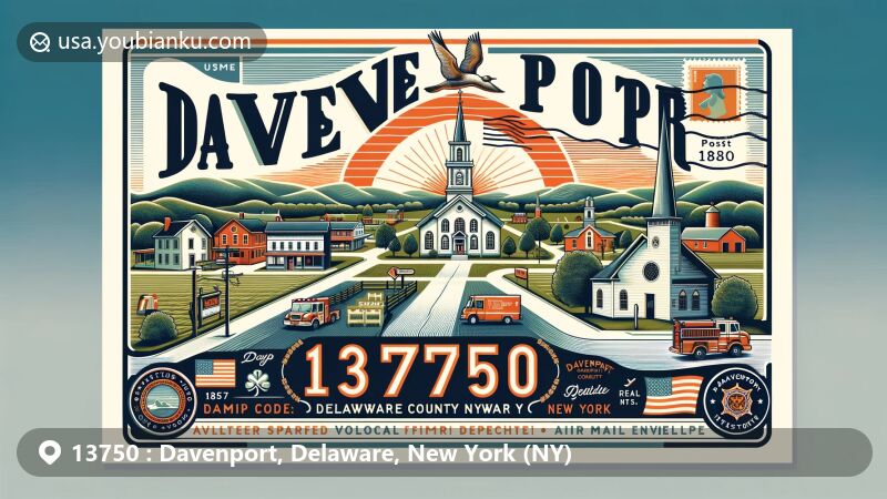 Modern illustration of Davenport, Delaware County, New York, highlighting rural landscape, local landmarks, and postal theme with ZIP code 13750, incorporating elements symbolizing town's history and postal aesthetics.