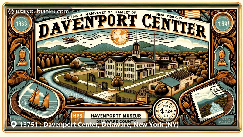 Modern illustration of Davenport Center, New York, showcasing postal theme with ZIP code 13751, featuring Hanford Mills Museum, Catskill Mountains, and Charlotte Creek.