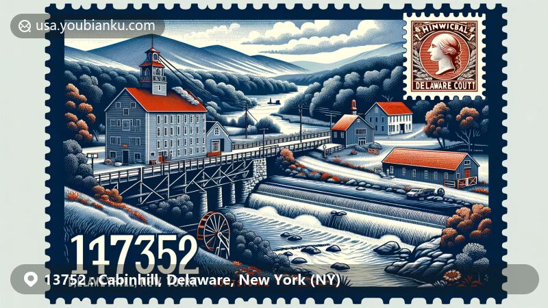 Modern illustration of Cabinhill, Delaware County, New York, featuring ZIP code 13752, showcasing Hanford Mills as a historic working mill site with significance in providing the first electricity through Kortright Creek. Integration of natural beauty from Catskill Mountains and vintage postal theme with Delaware County symbols.