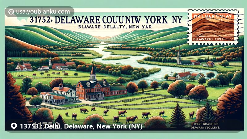 Modern illustration of Delhi, Delaware County, New York, capturing the scenic beauty of Catskill foothills with dairy farms and Delaware River, featuring landmarks like Delaware County Courthouse and SUNY Delhi, vintage-style stamp with ZIP code 13753, 'Delhi, NY' postmark.