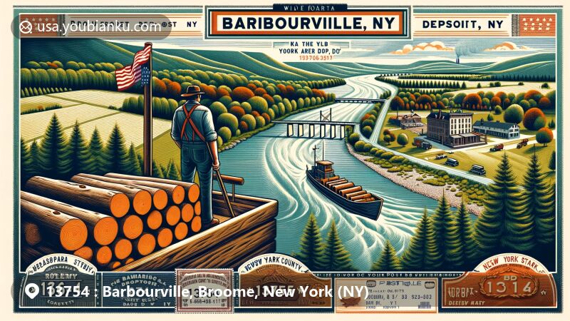 Illustration of Barbourville and Deposit, NY in the 13754 ZIP code area, featuring Delaware River, New York Route 17, and a blend of natural beauty, historical ties to lumber industry, and postal elements with a creative modern twist.