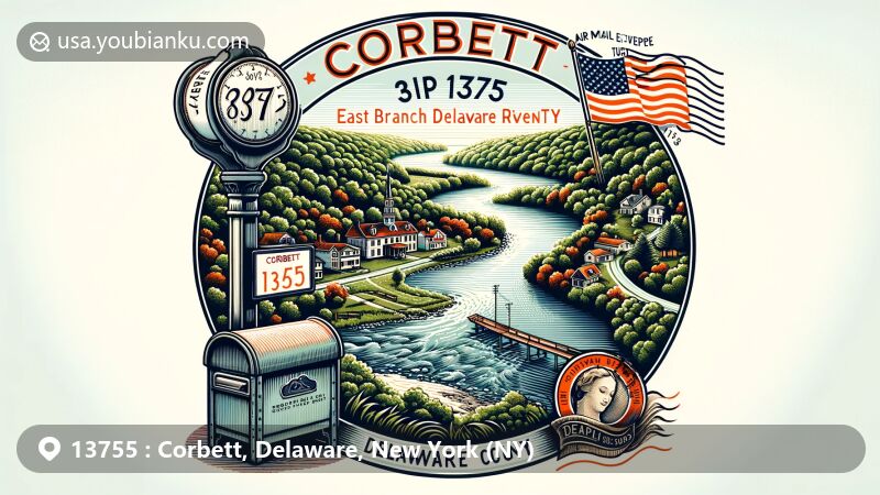 Modern illustration of Corbett, Delaware County, New York, depicting East Branch Delaware River and postal elements with NY state flag stamp, 'Corbett, NY 13755' postmark, and antique mailbox.