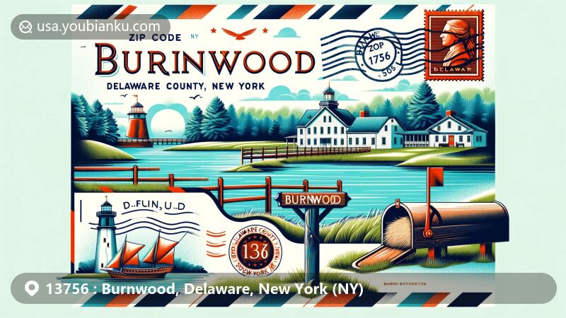 Modern illustration of Burnwood, Delaware County, New York, showcasing zip code 13756, featuring Basket Pond and Fort Delaware, incorporating postal elements with stamp, postmark, and mailbox or postal truck.