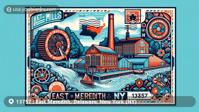 Modern illustration of East Meredith, NY, highlighting Hanford Mills Museum and West Kortright Centre, capturing the area's rich history and cultural significance with postal elements and natural beauty of Catskills environment.