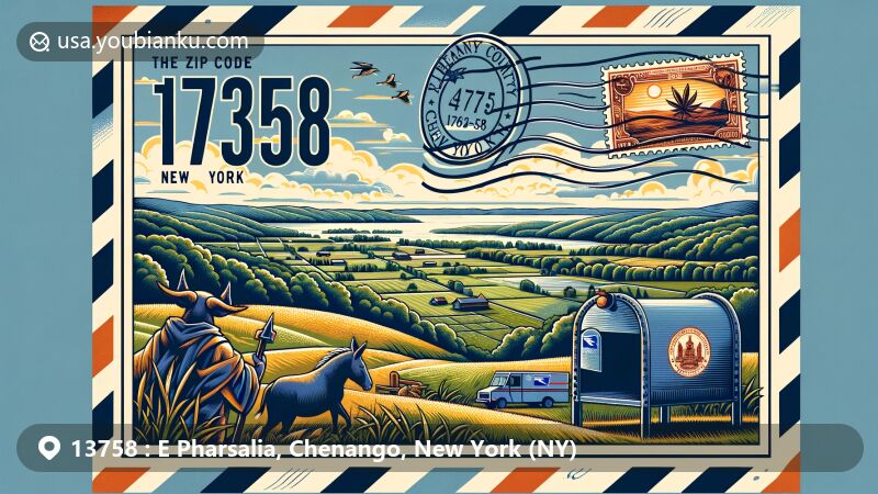 Modern illustration of East Pharsalia, Chenango County, New York, featuring postal theme with ZIP code 13758, incorporating Pharsalia Wildlife Management Area and New York state symbols.