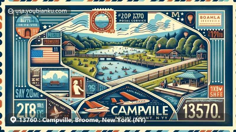 Modern illustration of Campville, Broome County, New York, featuring postal theme with ZIP code 13760, highlighting Campville Commons park and New York state symbols.