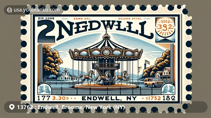 Modern illustration of Highland Park Carousel in Endwell, NY, featuring ZIP code 13762, postal theme with postmark, oak trees, Susquehanna River, and references to dairy and logging industry.