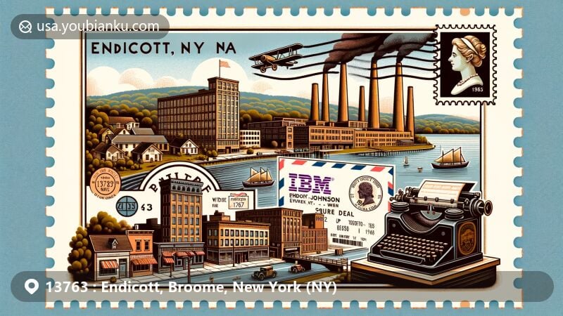 Modern illustration of Endicott, New York, combining historical essence with postal themes, featuring Endicott-Johnson Shoe Company and 'Square Deal' arches, IBM's technological legacy, local landmarks, and vintage postal elements with ZIP code '13763'.