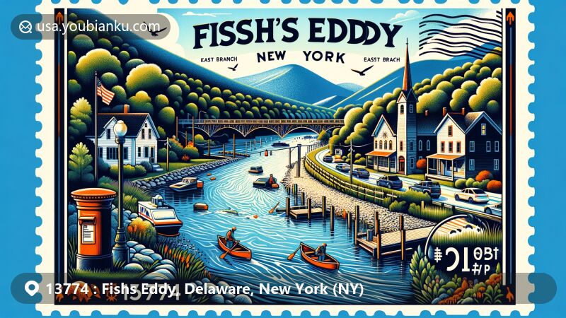 Modern illustration of Fishs Eddy, Delaware County, New York, featuring postal theme with ZIP code 13774, showcasing Fishs Eddy Bridge and Catskill Mountain backdrop.