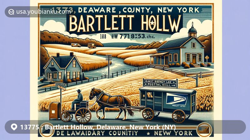 Modern illustration of Bartlett Hollow, 13775, Delaware County, New York, blending regional characteristics with postal theme featuring a post office and a horse-drawn mail carriage from the early 19th century, alongside natural landmarks like East Sidney Lake and Heathen Hill. Depicts education and agriculture elements such as a school and wheat field, emphasizing their significance in the area's development.