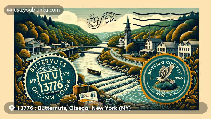 Modern illustration of Butternuts, Otsego County, New York, featuring Butternut Creek, New York State Route 51, vintage postage stamp, postmark 'Butternuts, NY 13776', and air mail envelope design.