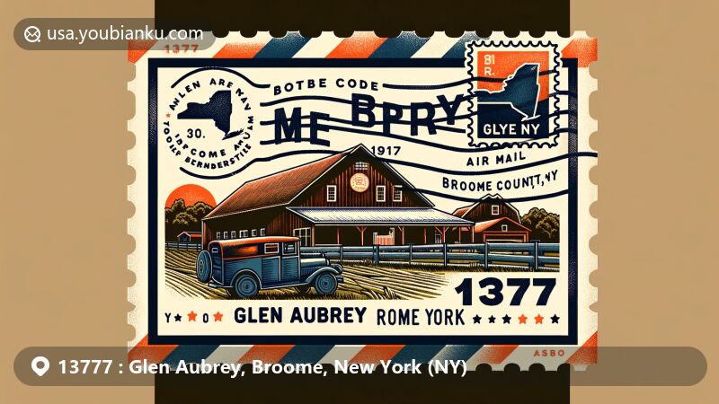Modern illustration of Glen Aubrey, Broome County, New York, featuring ZIP code 13777, showcasing McRey Farm's livestock farming and agritourism, with a vintage air mail envelope backdrop highlighting the postal theme and New York state flag.