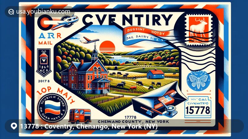Modern illustration of Coventry, Chenango County, New York, showcasing rural charm, dairy farming heritage, and District School 4, with New York state flag on a postage stamp and '13778 Coventry, NY' cancellation mark.