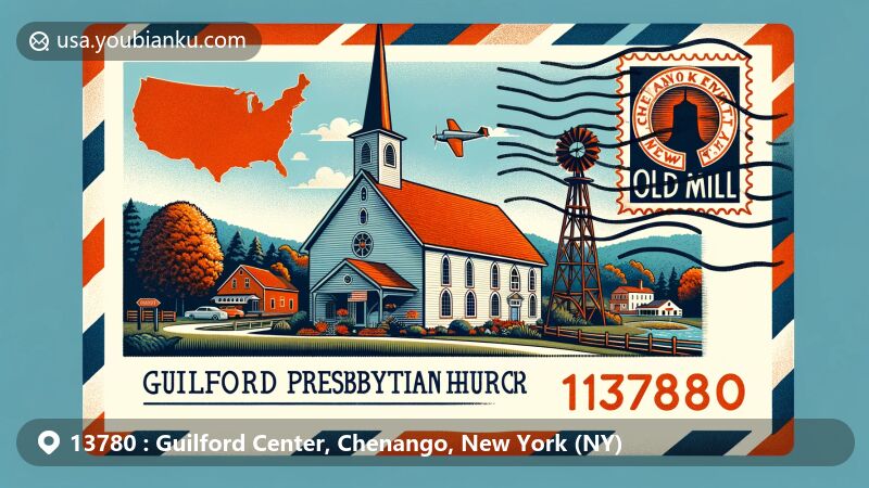 Modern illustration of Guilford Center, New York, featuring Guilford Center Presbyterian Church and The Old Mill Restaurant in a picturesque rural setting, with an airmail envelope showcasing '13780' ZIP Code and a stamp of the church or restaurant, incorporating symbols of New York State and Chenango County.