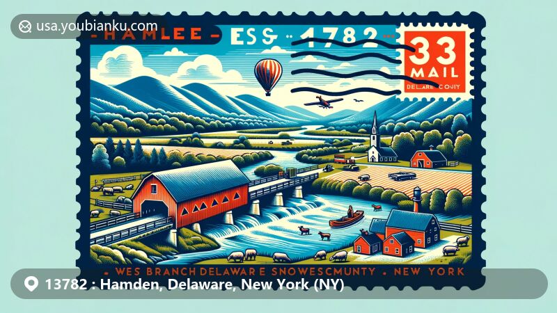 Illustration of Hamden, Delaware County, New York, featuring scenic landscape with West Branch Delaware River, Hamden Covered Bridge, dairy farms, sheep, New York State flag stamp, postmark 'Hamden, NY 13782', and a subtle snowmobile, symbolizing Hamden Hill Ridge Riders Snowmobile Club.