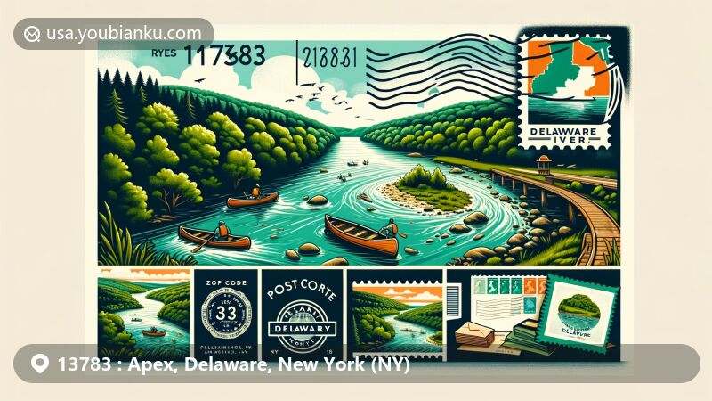 Modern illustration of Apex area in Delaware County, New York, featuring picturesque Delaware River, outdoor activities, and postal elements with ZIP code 13783.