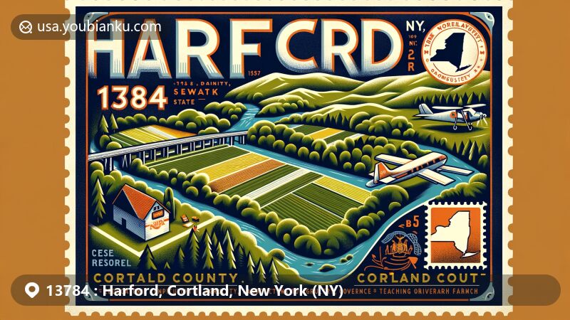 Modern illustration of Harford, Cortland County, New York, showcasing postal theme with ZIP code 13784, featuring wooded hills, fertile valleys, creeks, and Cornell University's agricultural land.