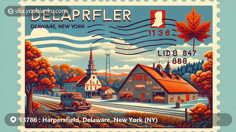 Modern illustration of Harpersfield, Delaware County, New York, featuring postal theme with ZIP code 13786, highlighting Shaver Hill Maple Farm, Harpersfield Historical Society, and state symbols.