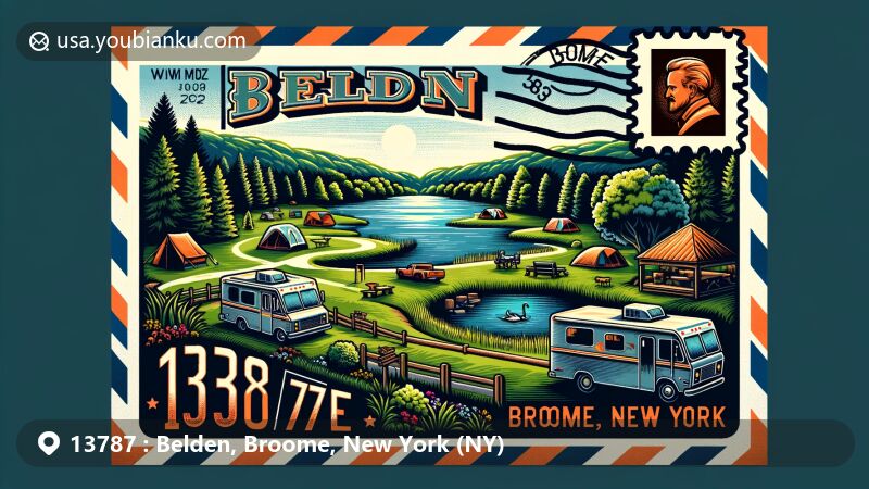 Modern illustration of Belden, Broome, New York, showcasing pastoral scenery at Belden Hill Campground with ponds, RV camping areas, lush greenery, and iconic New York State symbols, featuring a vintage airmail envelope with postal elements and creative representations of the area.