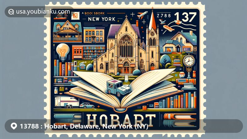 Modern illustration of Hobart, New York, highlighting its identity as a book village with six bookstores, featuring an open book surrounded by other books, Hobart Masonic Hall, and St. Peter's Episcopal Church Complex, set against the backdrop of West Branch Delaware River.