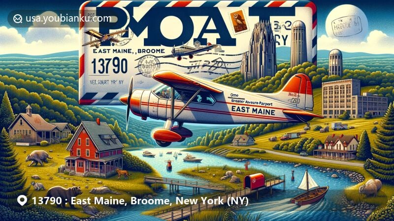 Modern illustration of East Maine, Broome, New York (NY), featuring Greater Binghamton Airport symbolizing town's aviation connection, blended with natural beauty of Broome County. Includes Animal Adventure Park showcasing local wildlife, and Kopernik Observatory emphasizing scientific exploration. Integrates postal theme with vintage-style airmail envelope marked with ZIP code 13790. Design incorporates stamps, postal marks, possibly a classic red mailbox or an old-fashioned mail delivery plane flying overhead symbol. Overall style is vibrant and captivating modern illustration, ideal for highlighting East Maine, Broome, New York's unique charm on websites. Scene reflects region's natural and cultural richness, as well as educational and entertainment opportunities. Ensure detailed and visually engaging artwork capturing essence of East Maine, Broome spirit of exploration and discovery.