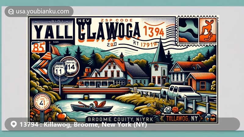 Modern illustration of Killawog, Broome County, New York, depicting postal theme with ZIP code 13794, showcasing Tioughnioga River and U.S. Route 11, along with symbols representing New York State.
