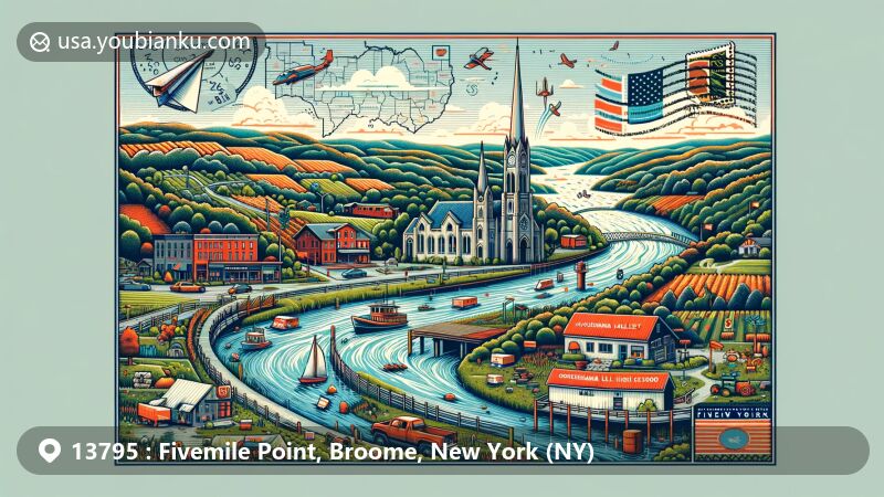 Modern illustration of Fivemile Point, Broome County, New York, highlighting postal theme with ZIP code 13795, depicting Susquehanna Valley High School amidst scenic Southern Tier landscape.