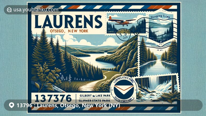 Illustration of postal theme in Laurens, Otsego County, New York, showcasing Gilbert Lake State Park and Glimmerglass State Park's Sleeping Lion trail, depicting local natural beauty and community identity.