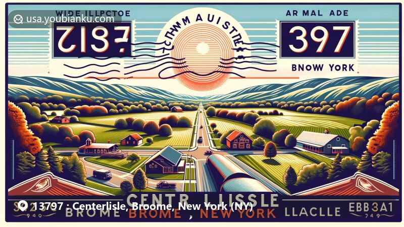 Modern illustration of Center Lisle, Broome County, New York, highlighting postal theme with ZIP code 13797, featuring rural landscapes and local attractions like Thunder Mountain Speedway and Nanticoke Lake.