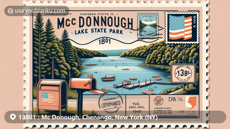 Modern illustration of Bowman Lake State Park in Mc Donough, New York, highlighting serene lake view surrounded by forests and picnic areas, with iconic American mailbox featuring ZIP Code 13801.