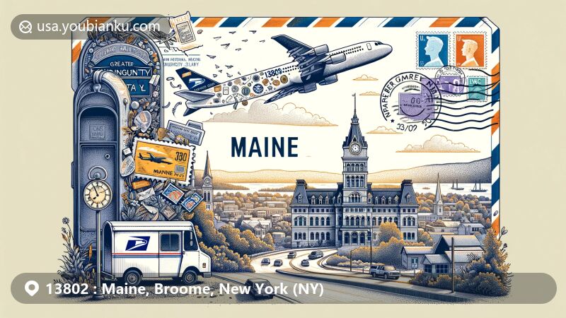 Modern illustration of Maine, Broome County, NY 13802, featuring Courthouse silhouette, natural scenery, and airmail envelope with ZIP code 13802, stamps, and postmark. Symbolizes vibrant postal service with mailbox and delivery van, highlighting Greater Binghamton Airport's role as a gateway.