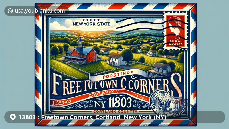 Modern illustration of Freetown Corners, Cortland County, New York, featuring Cortland County landscapes and the New York State flag within a vintage airmail envelope, highlighting the postal theme with the prominent display of ZIP code 13803.
