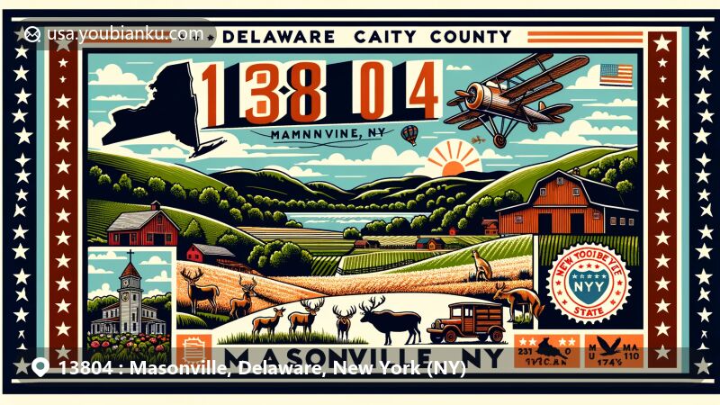 Modern illustration of Masonville, Delaware County, New York, showcasing rural charm with rolling hills and local wildlife, featuring ZIP code 13804 and 'Masonville, NY' inscription on vintage postcard design.