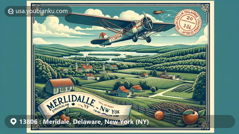 Illustration of Meridale, Delaware County, NY, showcasing Catskill Mountains, hamlet scenery, Strickland Hollow Farm's apple orchard, and vintage airplane with '13806' banner, blending postal elements with local charm.