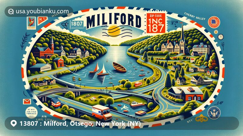 Modern illustration of Milford, Otsego County, New York, showcasing ZIP code 13807, featuring Glimmerglass State Park, Susquehanna River, Cherry Valley Creek, and postal theme with air mail elements.