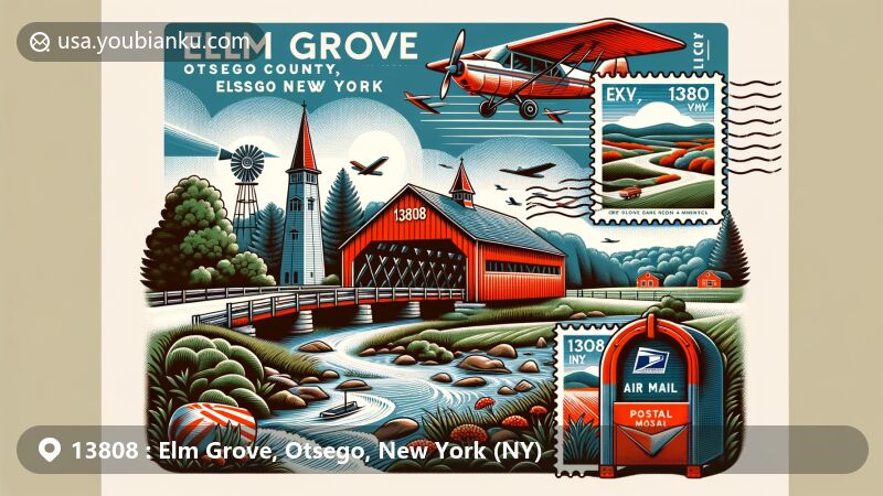 Modern illustration of Elm Grove, Otsego County, New York, showcasing postal theme with ZIP code 13808, featuring Hyde Hall Covered Bridge, Farmers' Museum, and scenic lakes and hills.