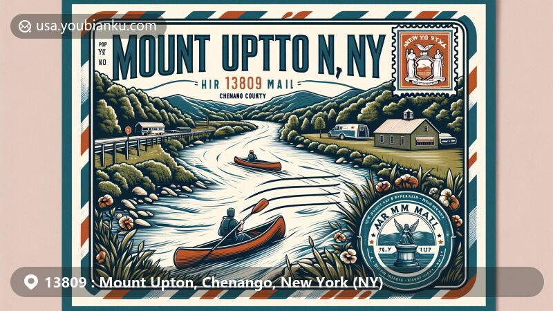 Modern illustration of Mount Upton, Chenango County, NY, depicting the natural beauty of Unadilla River, featuring kayaking on the river and rural landscapes, with vintage postal design and NY State flag.