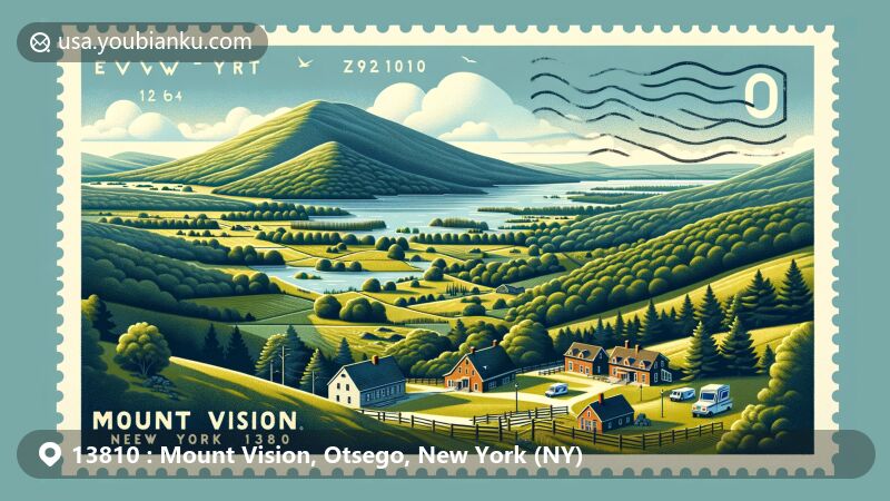 Modern illustration of Mount Vision, New York, showcasing tranquil countryside with rolling hills, hiking trails, parks, and lakes as symbols of peaceful escape. Postal theme features scenic postal stamp design with post office, postal truck, and ZIP code 13810.