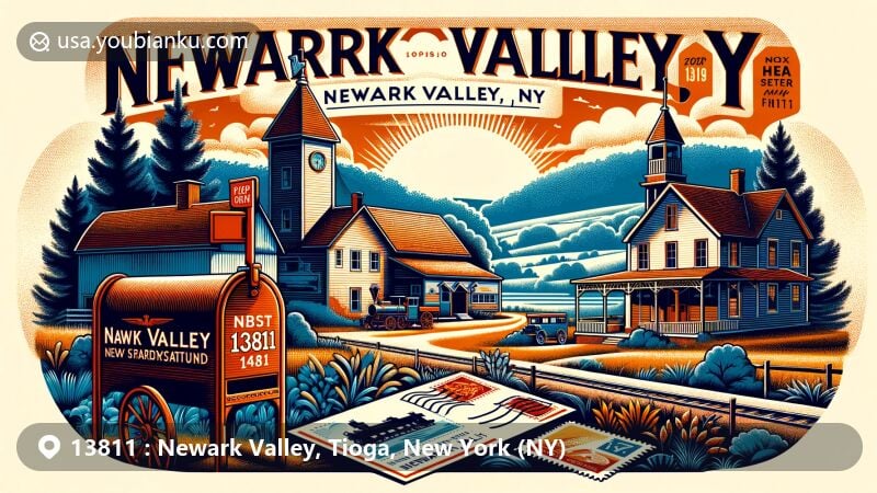 Modern illustration of Newark Valley, NY, showcasing postal theme with ZIP code 13811, featuring Bement-Billings Farmstead and vintage mailbox, with postcards and stamps. Emphasizing 19th-century life, agriculture, and railway history.