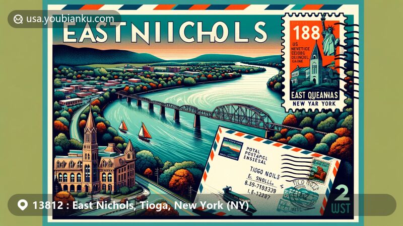 Modern illustration of East Nichols, Tioga County, New York, featuring Susquehanna River and Tioga Downs casino, with vintage air mail envelope showcasing ZIP code 13812 and New York state stamp.