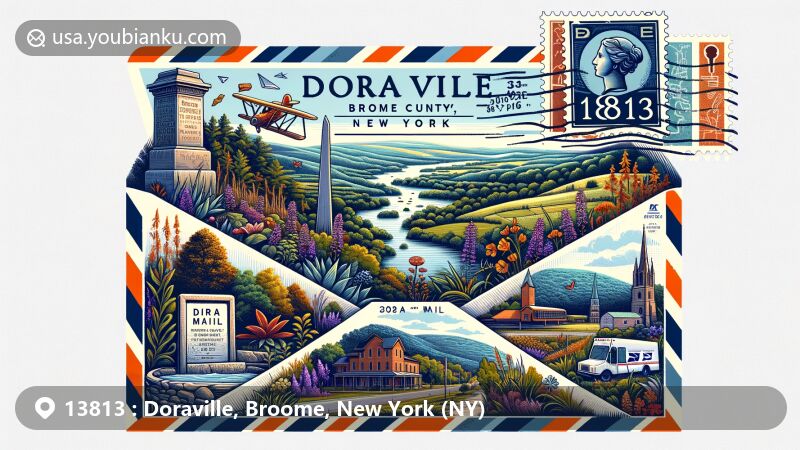 Modern illustration of Doraville, Broome County, New York, capturing natural beauty and rich history, featuring a historical marker and postal elements like air mail envelope with '13813' ZIP code, postage stamp, and postmark.