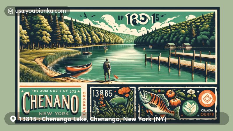 Creative illustration of Chenango Lake, Chenango County, New York, resembling a postcard with ZIP code 13815, showcasing pumpkinseed sunfish and tiger muskie, set against Chenango Valley State Park's lush forests and tranquil lakeside.